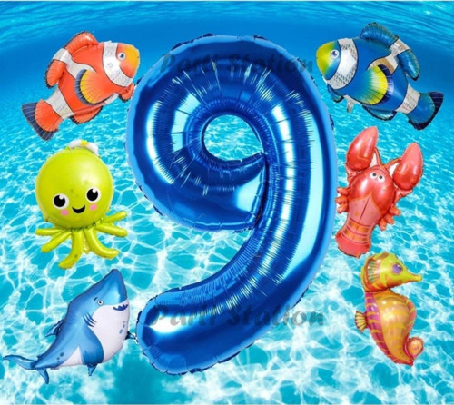 Okyanus Hayvanları 9 Yaş Doğum Günü Balon Set Deniz Canlıları Köpek Balığı Ahtapot Kırmızı Balık Set