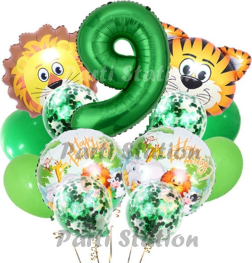 Safari Konsept Balon Seti 9 Yaş Safari Jungle Parti Doğum Günü Balon Karşılama Set Yeşil Rakam Balon