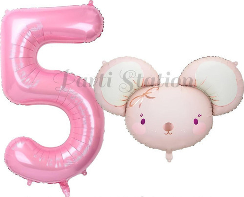 Pink Mouse 1 Yaş Balon Set Sevimli Pembe Fare Konsept Balon Ve Pembe Rakam Balon Hamster Balon