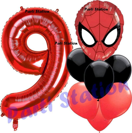 Örümcek Adam 9 Yaş Balon Ve Kırmızı Rakam Balon Doğum Günü Parti Set Spiderman Kırmızı Balon Set