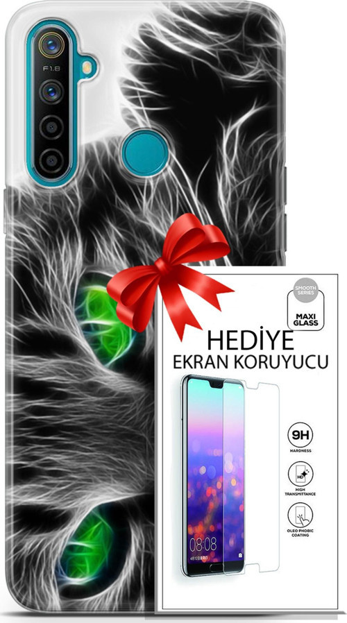 Realme 5İ Kılıf Orijinal Seri Scotish-British 27 Yeşil Gözlü Kedi Lazer Kesim Silikon Ekran Koruyucu