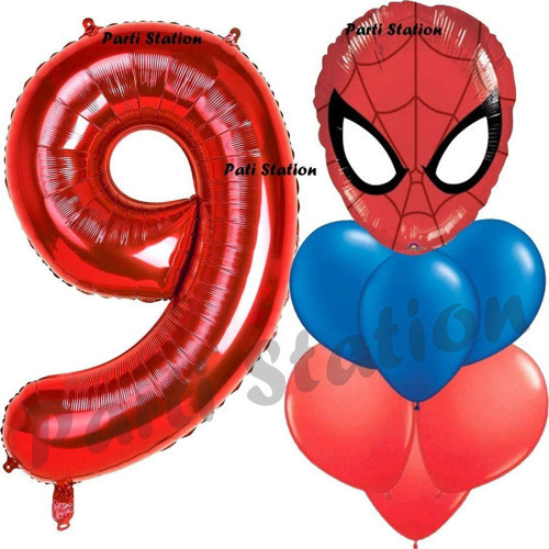 Örümcek Adam 9 Yaş Balon Ve Kırmızı Rakam Balon Doğum Günü Parti Set Spiderman Lacivert Balon Set