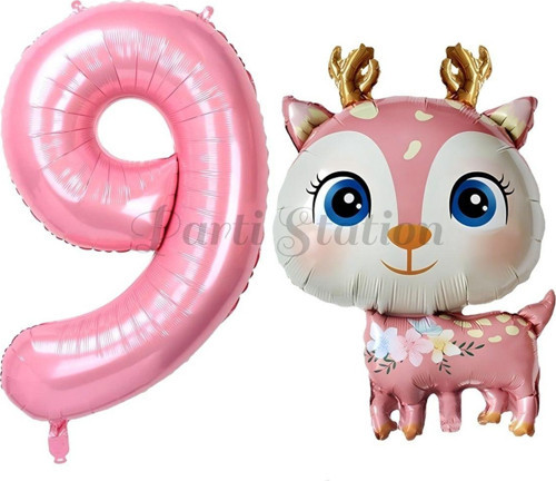Sevimli Geyik 9 Yaş Balon Set Ceylan Balon Woodland Konsept Geyik Balon Ve Pembe Renk Rakam Balon