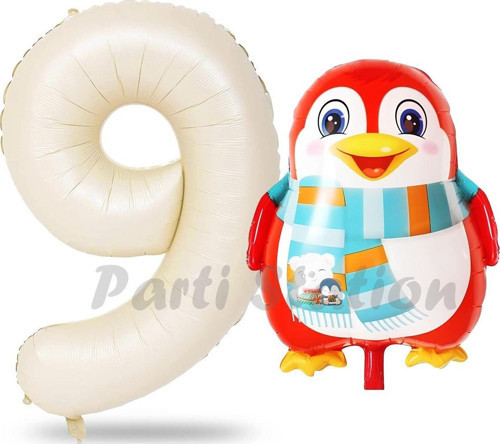 Sevimli Penguen Balon 9 Yaş Doğum Günü Balon Set Penguen Konsept Ve Krem Renk Rakam Balon