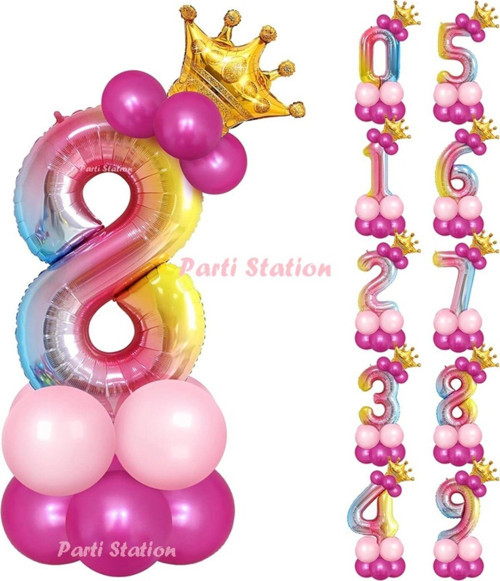 Gökkuşağı Rakam Balonlu 8 Yaş Doğum Günü Parti Karşılama Balon Seti Rengarenk Konsept Doğum Günü