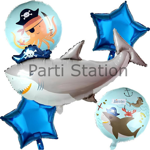 Korsan Köpek Balığı Balon Set Korsan Shark Konsept Doğum Günü Folyo Balon Set