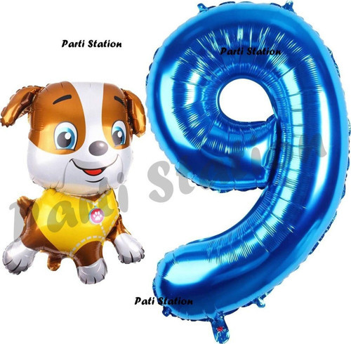 Paw Patrol İnşaat Köpek Rubble 9 Yaş Balon Ve Lacivert Rakam Balon Doğum Günü Parti Set