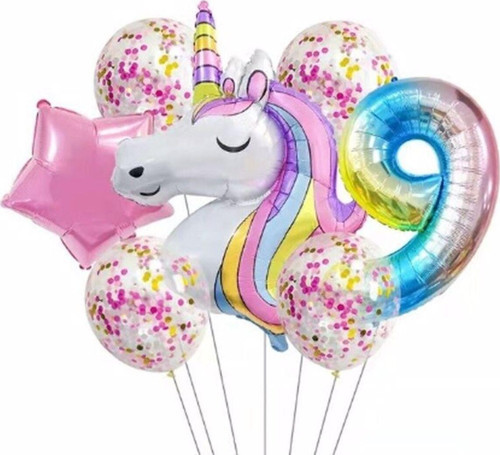 Unicorn Gökkuşağı 9 Yaş Folyo Balon Set Konsept Doğum Günü Set Yaş Balon Set