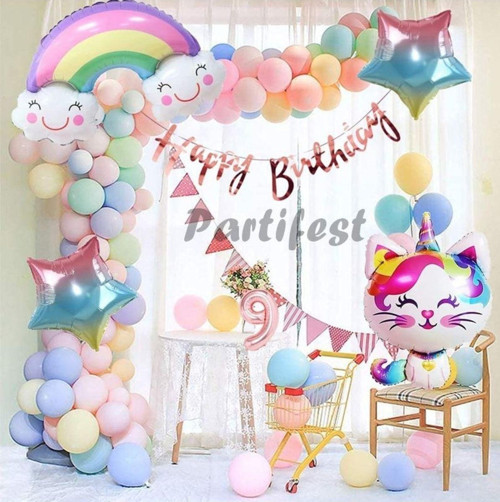 Unicorn Kedi Kitty Rakam Konsept 9 Yaş Balon Doğum Günü Set Yaş Balon Set