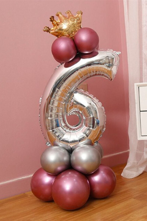 Rakam Balon Karşılama Seti 6 Yaş Parlak Rose Gold Gümüş Renkler Altın Taçlı 6 Rakamlı Balon
