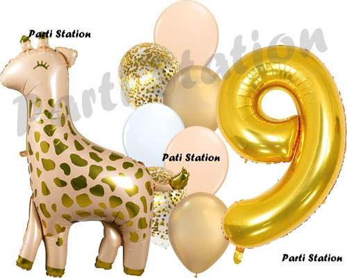 Zürafa Balon Set Safari Zürafa 9 Yaş Balon Set Sevimli Zürafa Ve Gold Rakam Balon Doğum Günü Set