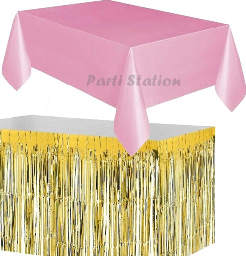 Masa Örtüsü Etek Set Plastik Pembe Renk Masa Örtüsü Altın Gold Renk Metalize Sarkıt Masa Eteği Set