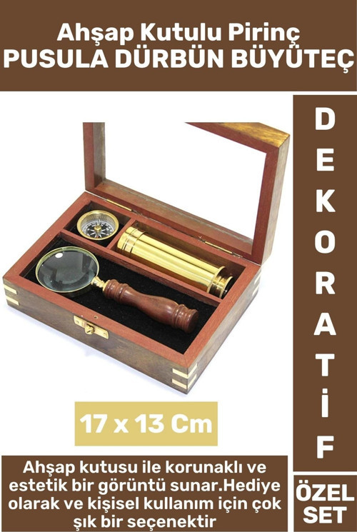 Erkek Arkadaş Hediye Koleksiyon Dekoratif Ahşap Kutulu Pirinç Pusula Dürbün Büyüteç Premium Set