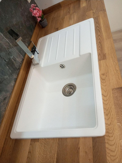 - Granit Eviye - Mega Geniş Hazne - Beyaz Renk - 86X50 Cm - Tek Göz Damlalikli Mutfak Eviyesi