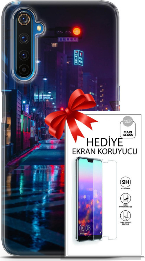 Realme 6 Pro Kılıf Orijinal Seri Cyberpunk 15 Neon Cadde Kalın Silikon + Ekran Koruyucu