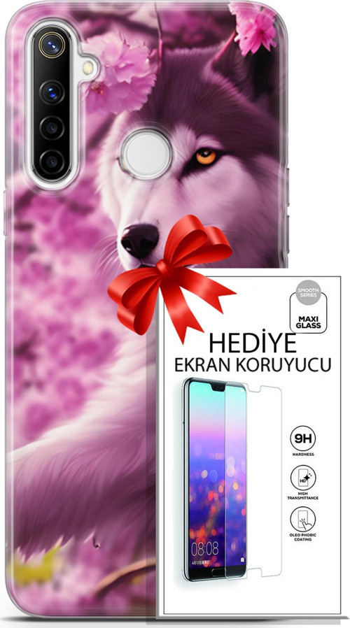 Realme 6İ Kılıf Orijinal Seri Dogs 02 Çiçekler Ve Kurt Kapak Ve Ekran Koruyucu