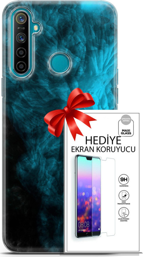 Realme 5İ Kılıf Orijinal Seri Nature 15 Mavi Taşlar Kalın Silikon + Ekran Koruyucu