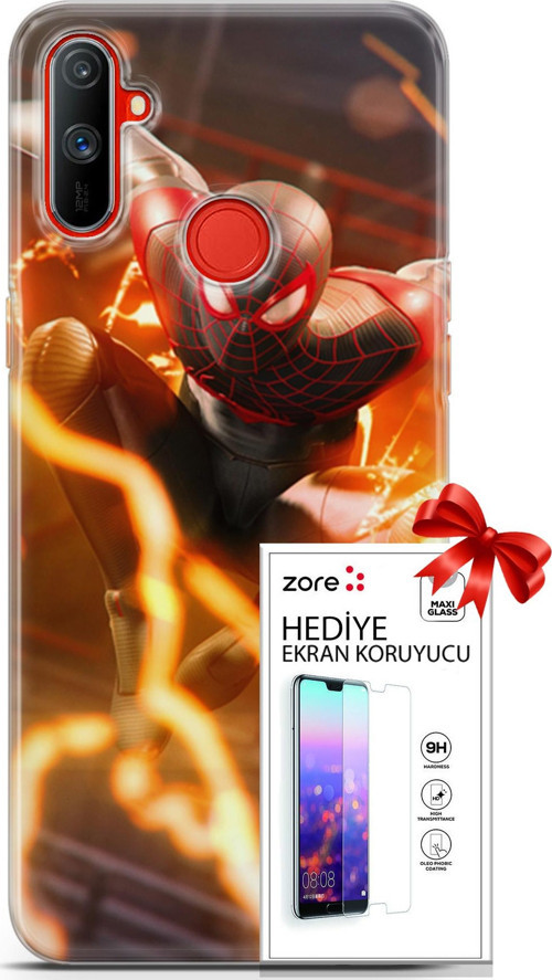 Realme C3 Kılıf Orijinal Seri Supers 15 Örümce Adam Kalın Silikon + Ekran Koruyucu