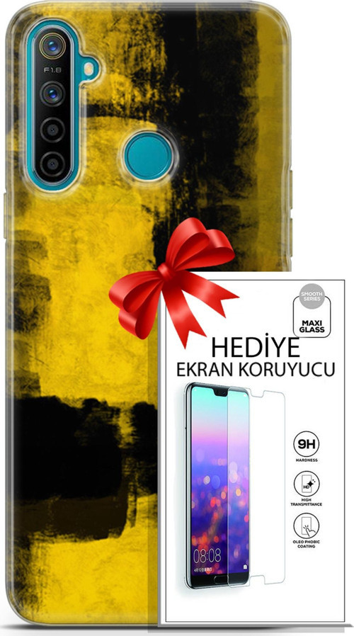 Realme 5İ Kılıf Orijinal Seri Nature 08 Sarı Siyah Baskılı Kılıf + Ekran Koruyucu