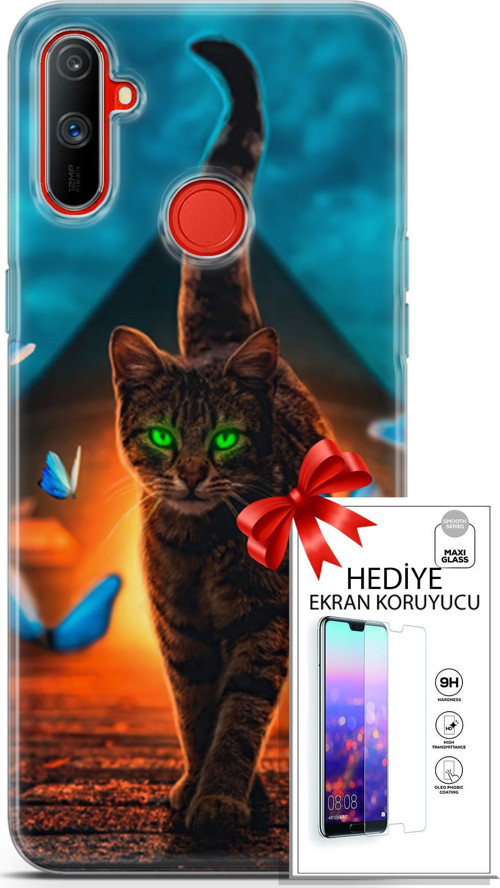 Realme C3 Kılıf Orijinal Seri Algorand 09 Yeşil Neon Kedi Uv Kılıf Ve Ekran Koruyucu