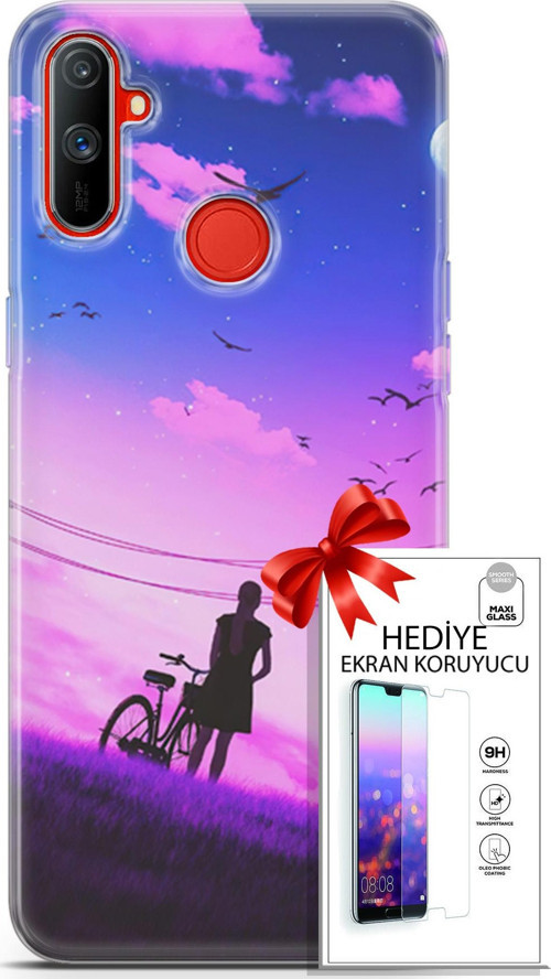 Realme C3 Kılıf Orijinal Seri Algorand 28 Bisikletli Kız İz Bırakmayan Kılıf + Ön Ekran Koruyucu