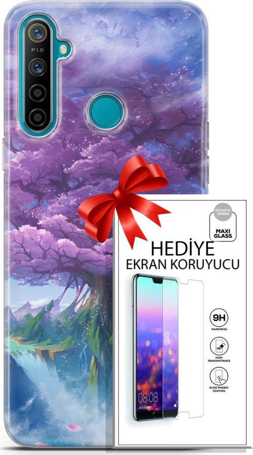 Realme 5İ Kılıf Orijinal Seri Fantasy 27 Bahar Ağaç Lazer Kesim Silikon Ekran Koruyucu