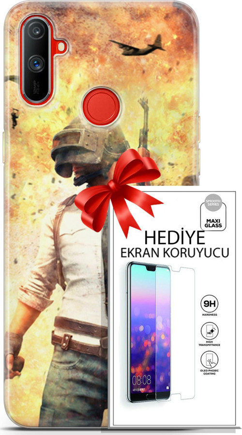 Realme C3 Kılıf Orijinal Seri Pubg 29 Uçak Paraşüt Leke Tutmaz Kapak + Ekran Koruyucu