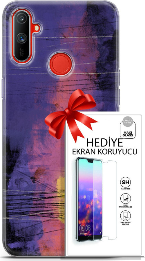 Realme C3 Kılıf Orijinal Seri Nature 04 Mor Kırmızı Silikon Kılıf + Ekran Koruyucu Full Korumaket