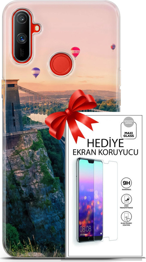 Realme C3 Kılıf Orijinal Seri Fantasy 07 Köprü Balonlar Desenli Kılıf + Ön Ekran Koruyucu
