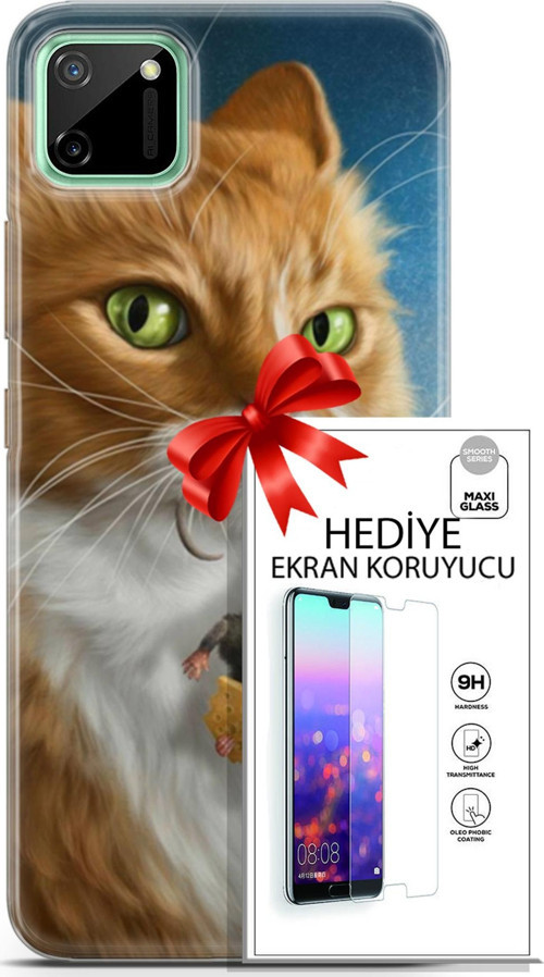 Realme C11 Kılıf Orijinal Seri Scotish-British 14 Sibirya Kedisi Avcı Cover Kılıf + Ön Ekran Koruyucu
