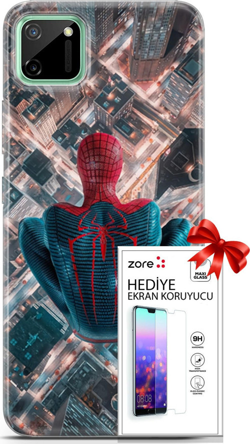 Realme C11 Kılıf Orijinal Seri Supers 07 Spider Man Newyork Desenli Kılıf + Ön Ekran Koruyucu