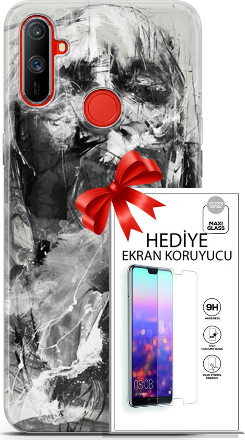 Realme C3 Kılıf Orijinal Seri Soul 30 Siyah Beyaz Kenarları Şeffaf Kapak Ve Ekran Koruyucu