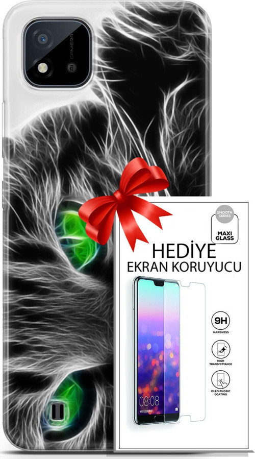 Realme C11 2021 Kılıf Orijinal Seri Scotish-British 27 Yeşil Gözlü Kedi Lazer Kesim Silikon Ekran Koruyucu