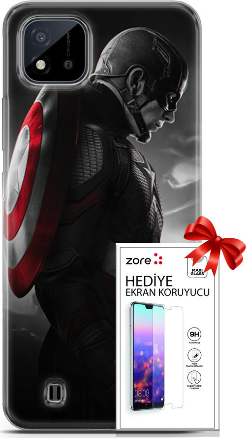 Realme C11 2021 Kılıf Orijinal Seri Supers 18 Captain America Parlak Kılıf + Ekran Koruyucu Full Koruma