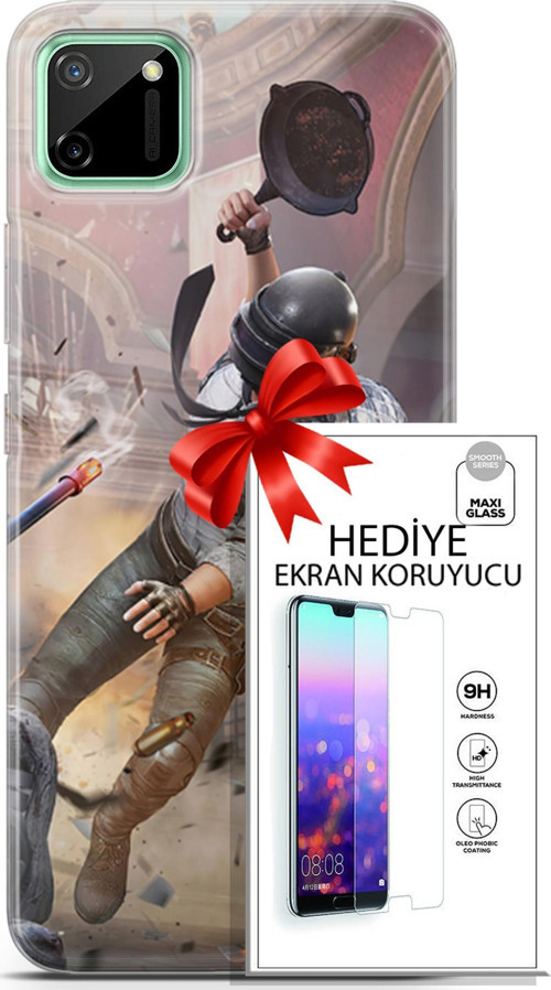 Realme C11 Kılıf Orijinal Seri Pubg 07 Kravatlı Karakter Desenli Kılıf + Ön Ekran Koruyucu