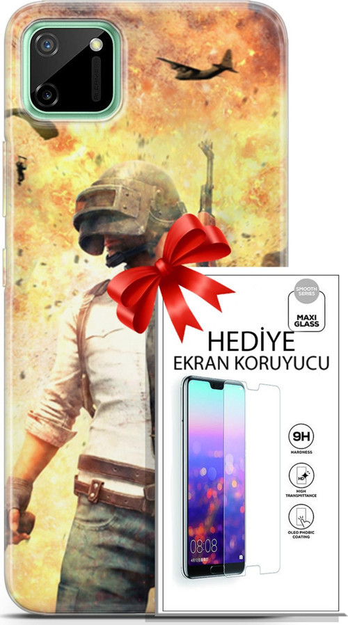 Realme C11 Kılıf Orijinal Seri Pubg 29 Uçak Paraşüt Leke Tutmaz Kapak + Ekran Koruyucu