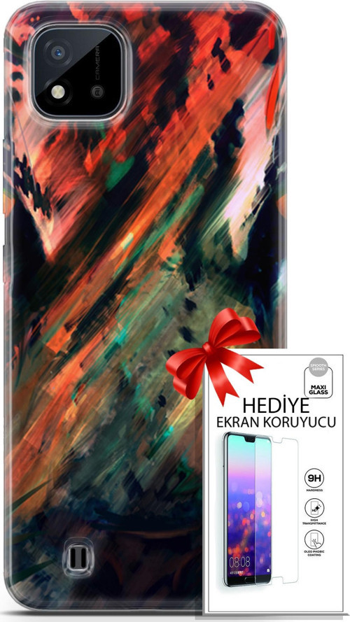 Realme C11 2021 Kılıf Orijinal Seri Algorand 20 Kırmızı Yeşil Renkli Kılıf Ekran Koruyucu
