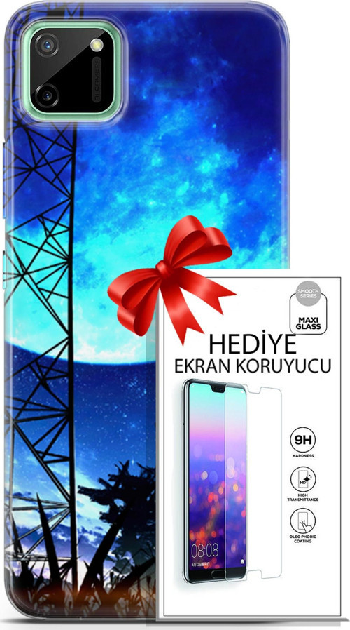 Realme C11 Kılıf Orijinal Seri Fantasy 24 Mavi Ay Darbe Emici Kılıf + Ekran Koruyucu