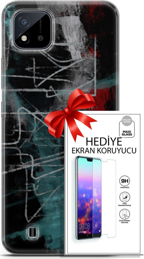 Realme C11 2021 Kılıf Orijinal Seri Nature 07 Gri Çizgiler Desenli Kılıf + Ön Ekran Koruyucu