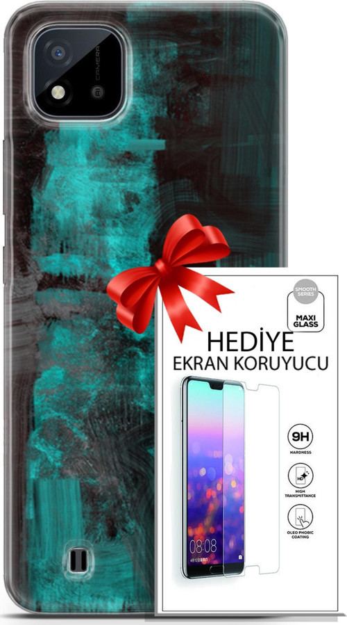 Realme C11 2021 Kılıf Orijinal Seri Nature 11 Yeşil Siyah 4K Baskılı Kılıf + Ekran Koruyucu Full Koruma