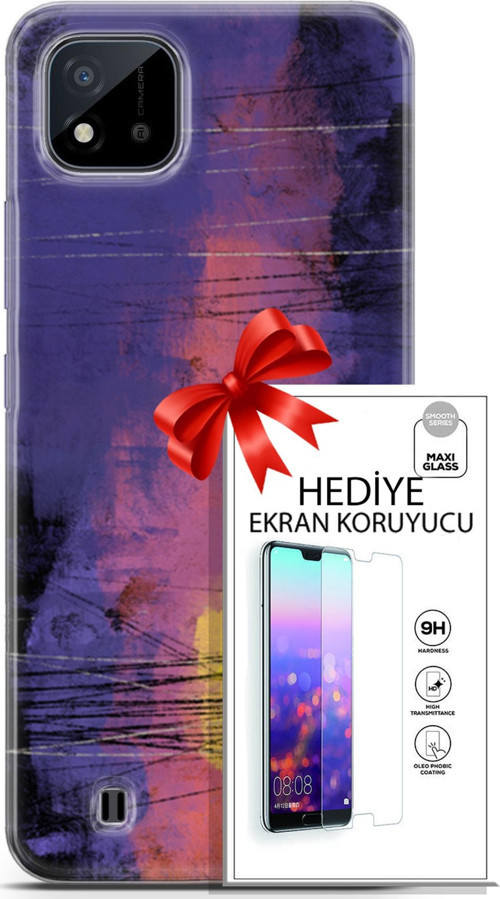 Realme C11 2021 Kılıf Orijinal Seri Nature 04 Mor Kırmızı Silikon Kılıf + Ekran Koruyucu Full Koruma