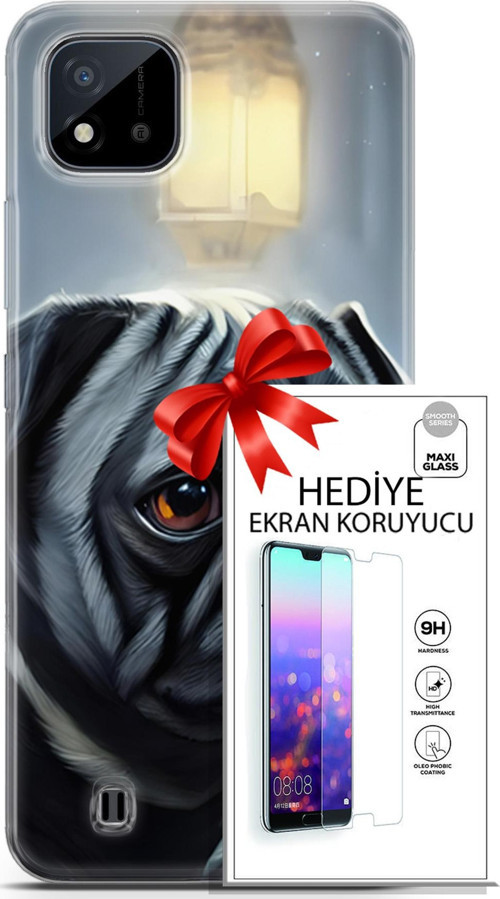 Realme C11 2021 Kılıf Orijinal Seri Dogs 30 Pug Kenarları Şeffaf Kapak Ve Ekran Koruyucu