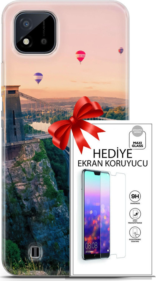 Realme C11 2021 Kılıf Orijinal Seri Fantasy 07 Köprü Balonlar Desenli Kılıf + Ön Ekran Koruyucu