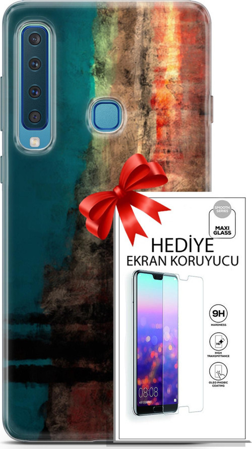 Samsung Galaxy A9 2018 Kılıf Orijinal Seri Nature 03 Yeşil Turuncu Taş Arka Kapak + Ekran Koruyucu