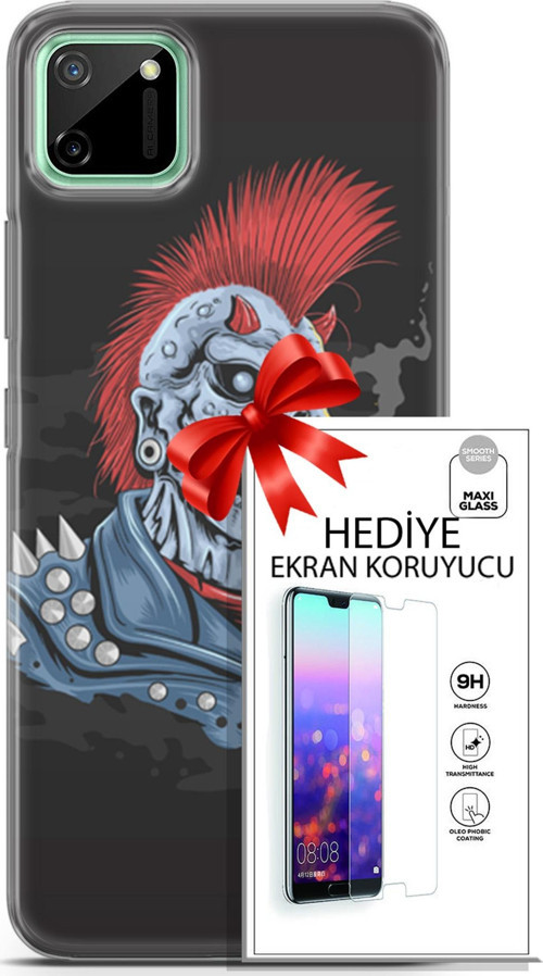 Realme C11 Kılıf Orijinal Seri Punky 04 Punk Skeleton Silikon Kılıf + Ekran Koruyucu Full Korumak