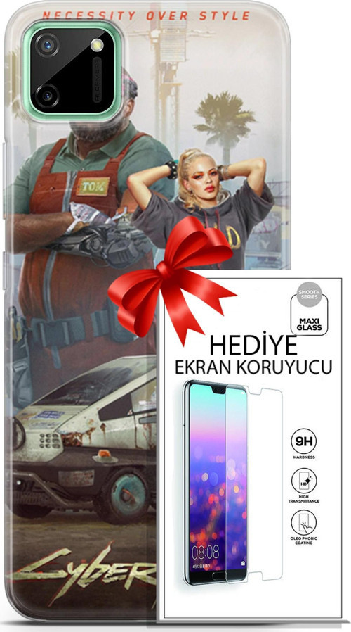 Realme C11 Kılıf Orijinal Seri Cyberpunk 21 2077 Darbe Önleyici Kapak + Ön Ekran Koruyucu