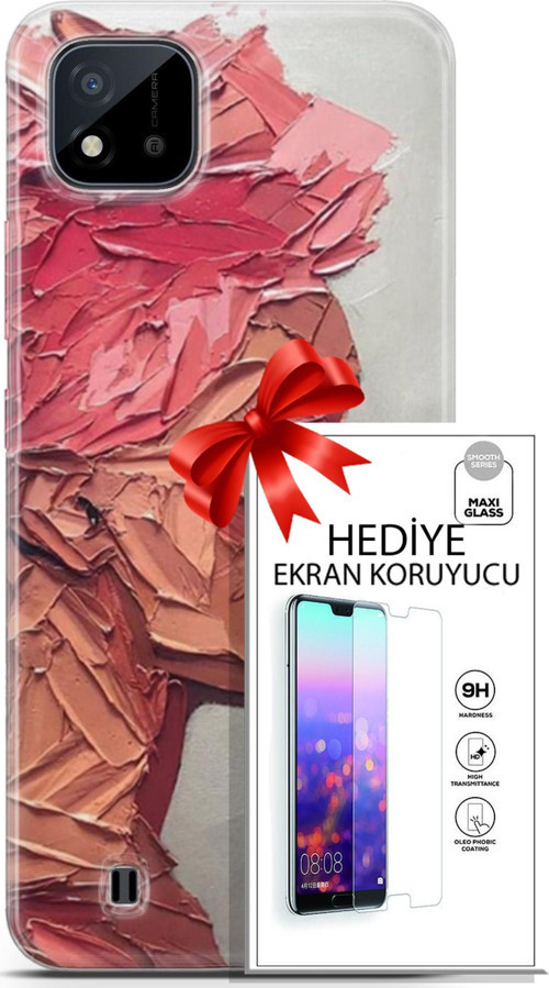 Realme C11 2021 Kılıf Orijinal Seri Soul 08 Pembe Baskılı Kılıf + Ekran Koruyucu