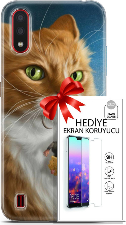 Samsung Galaxy A01 Kılıf Orijinal Seri Scotish-British 14 Sibirya Kedisi Avcı Cover Kılıf + Ön Ekran Koruyucu