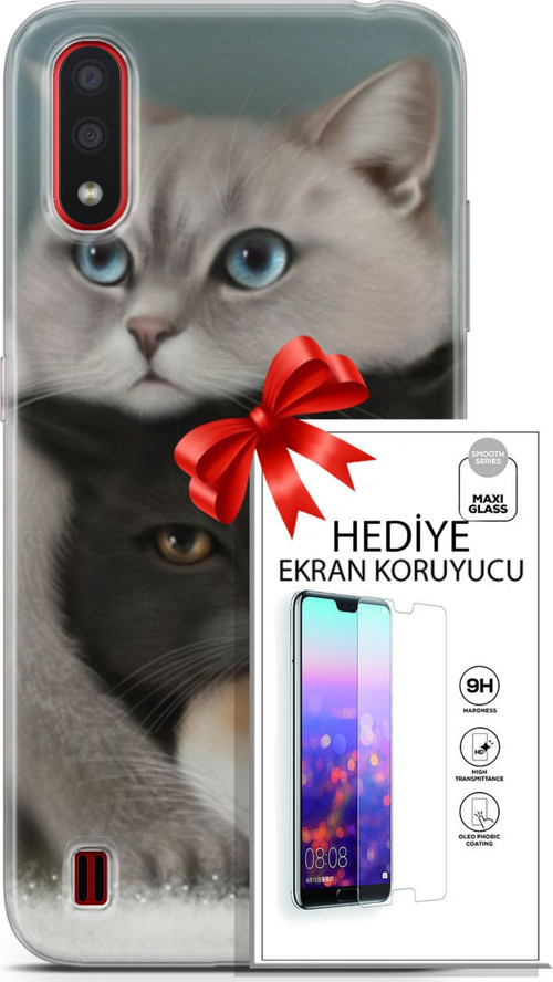 Samsung Galaxy A01 Kılıf Orijinal Seri Scotish-British 13 Beyaz Gri Kahve Kediler Case Kapak Ekran Koruyucu