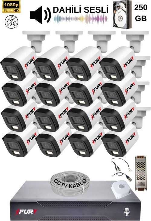 16 Kamera Sesli Gece Renkli Güvenlik Kamerası Full Hd-su Geçirmez Güvenlik Kamerası Seti 250GB